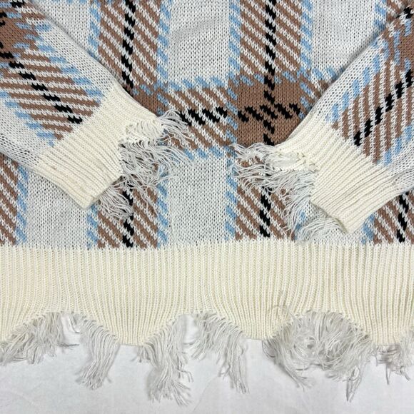 NEW Just Polly Junior Plaid Distressed V-Neck Fringe Boxy Pullover Sweater Large - Picture 6 of 10